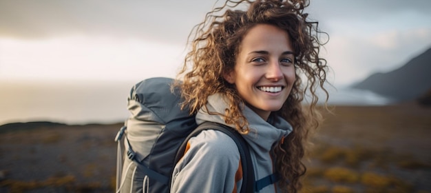 Personenporträt Natur Berg weiblich Reisender Lächeln Frauen Rucksack im Freien glücklich Wanderung Urlaub Lebensstil Abenteuer Erwachsener Schönheit Sommer jung