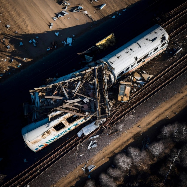 Personenzugunfall Luftaufnahme Kaputte Waggons und beschädigte Lokomotive Ai generativ