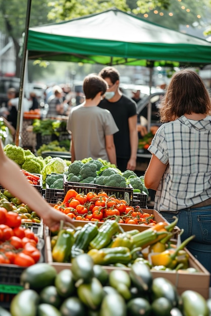 Persons explora um movimentado mercado de agricultores, selecionando produtos orgânicos e ingredientes de origem local