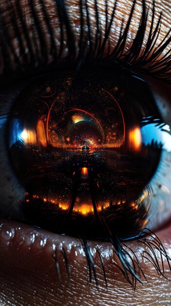 Foto a persons eye with a fireball and a picture of a firework