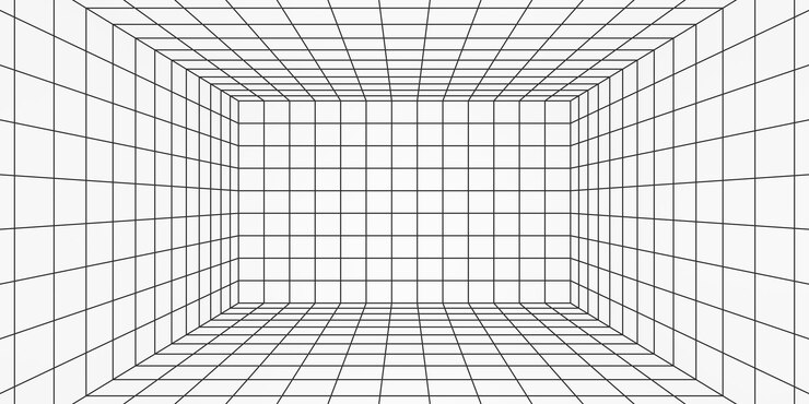 Foto perspectiva 3d de estrutura de arame fundo de sala branca vazio futurista retângulo digital linha laser caixa interior com paredes de malha preta rede de matriz de ficção científica renderização de espaço virtual abstrato
