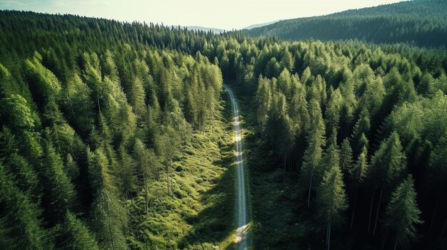 Perspectiva aérea de un camino forestal