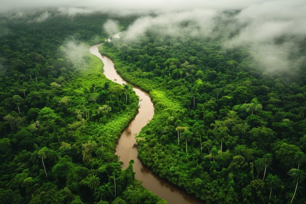 Perspectiva aérea captura el meandro del río a través de la exuberante selva tropical durante las lluvias