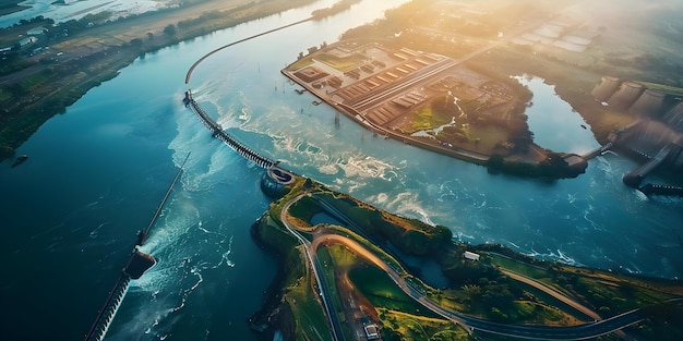 Foto perspectiva aérea de la central hidroeléctrica de itaipu binacional en el río paraná brasilconcepto fronterizo de paraguaypaisajes fotografía aéreamaravillas de ingeniería itaipu benacional