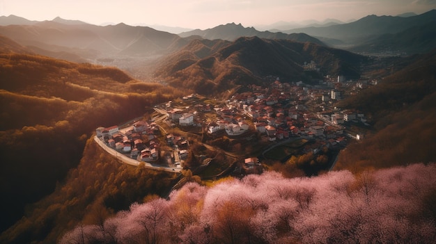 una perspectiva aérea de una ciudad rodeada de montañas