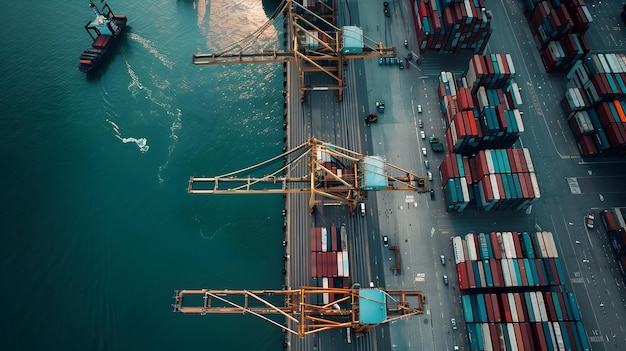 Foto perspectiva aérea de um porto de carga ativo com navios e contêineres de manuseio de guindastes