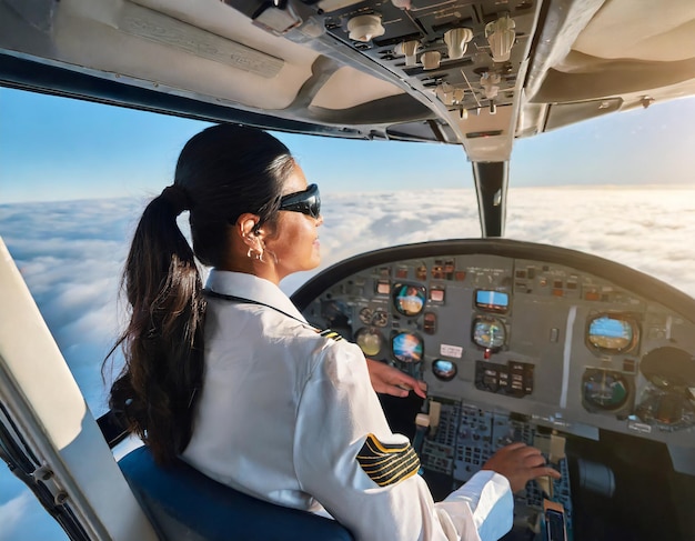 Foto perspectiva aérea de uma piloto feminina no cockpit de volta virou navegando pelos céus com ex...