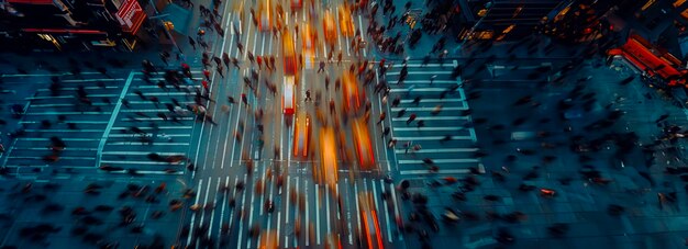 Perspectiva aérea del flujo urbano del movimiento de los cruces peatonales de la ciudad con peatones borrosos