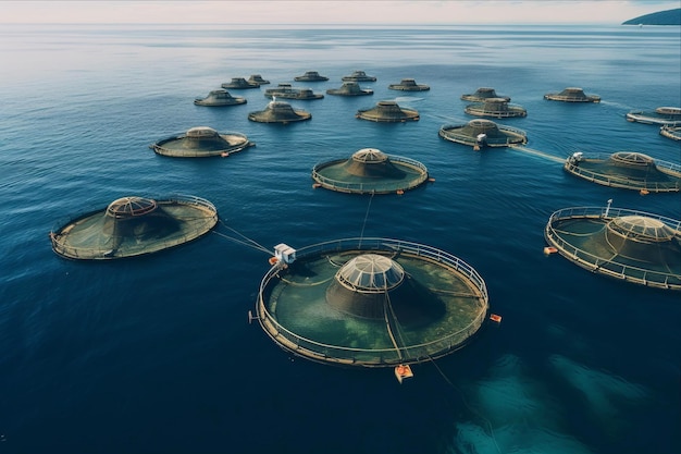 Foto perspectiva aérea de las jaulas de acuicultura en el mar una próspera industria de mariscos