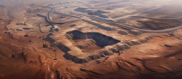 Foto perspectiva aérea de la minería a cielo abierto de arena con borrosidad y ruido que distrae