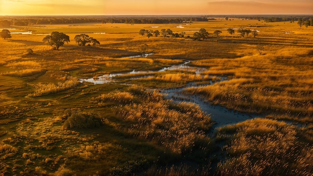 Foto perspectiva aérea de un río que fluye a través de la llanura de pastizales iluminada por el sol