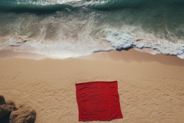 Una perspectiva aérea de una toalla carmesí colocada en la orilla arenosa en medio de una playa escénica