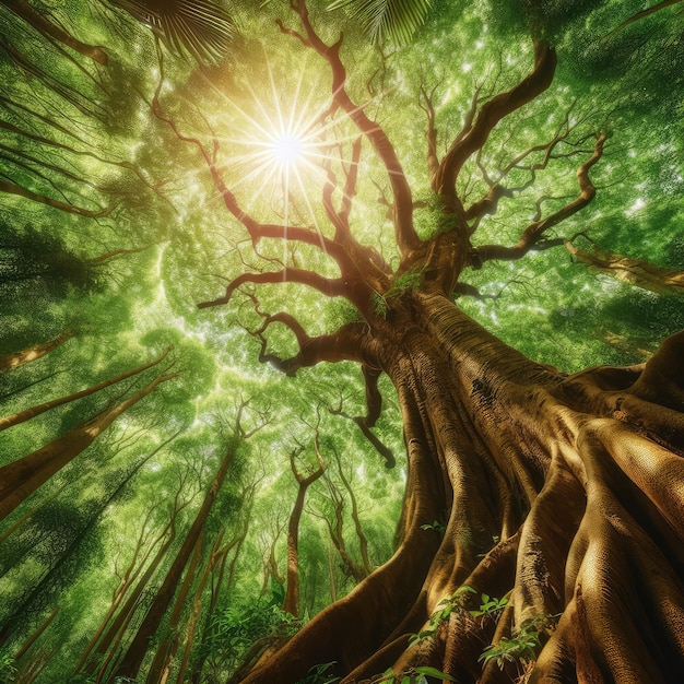 Foto perspectiva de bajo ángulo de árbol con hojas verdes y hermoso dosel