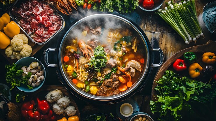 Perspectiva de arriba hacia abajo de una cena en olla caliente con una variedad de carnes, verduras y mariscos colocados alrededor de una olla humeante de caldo
