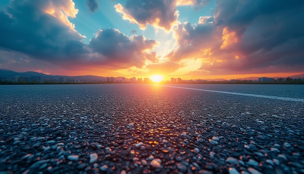 Foto la perspectiva de la carretera contra el fondo de la puesta de sol y el paisaje urbano