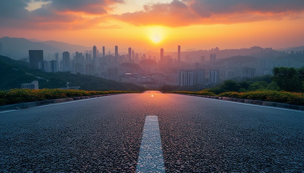 Foto la perspectiva de la carretera contra el fondo de la puesta de sol y el paisaje urbano