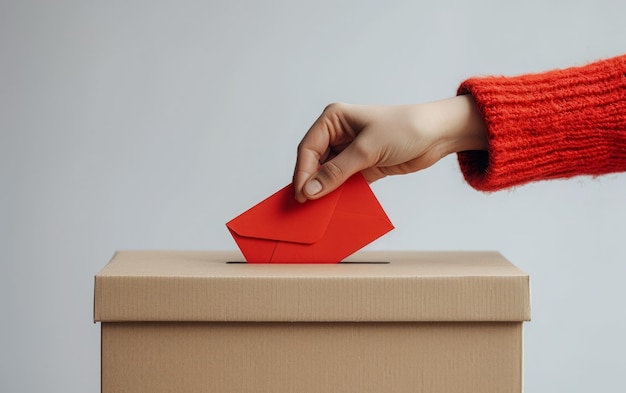 Una perspectiva de cerca de una mano con un suéter rojo mientras inserta un sobre rojo en una boleta