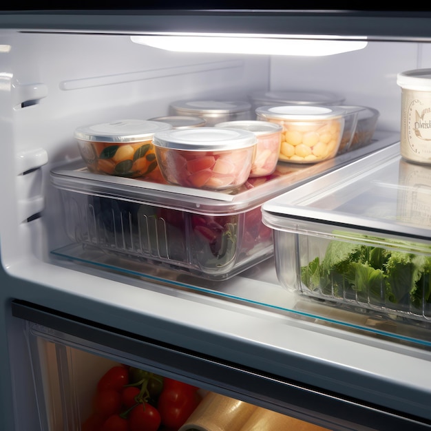 Foto perspectiva congelada closeup del compartimiento de almacenamiento de congelador organización refrigerada