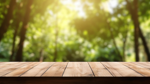 perspectiva da mesa vazia de tábua de madeira fundo desfocado com luz solar