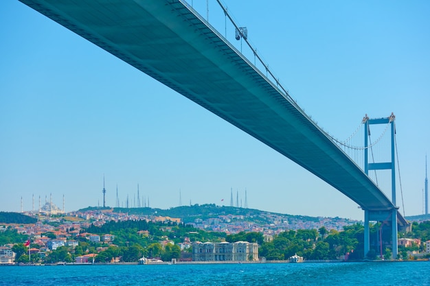 Perspectiva da ponte Fatih Sultan Mehmet sobre o Estreito de Bósforo em Istambul, Turquia