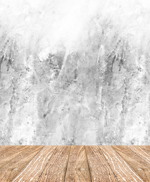 Perspectiva da sala - branco áspero parede de cimento e piso de madeira, estilo limpo