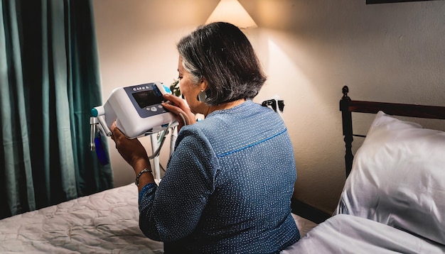 Foto perspectiva descendente de uma pessoa idosa num quarto virada para trás a ajustar uma máquina cpap a gerenciar s...