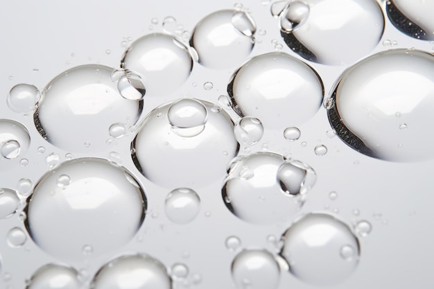 Foto perspectiva detallada de una colección de gotas de agua cristalinas contra un telón de fondo blanco