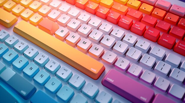 Foto perspectiva detallada de una disposición de teclado colorido en un escritorio limpio