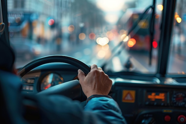 Perspectiva dos motoristas dentro de um ônibus da cidade durante o deslocamento à noite com luzes de rua borradas