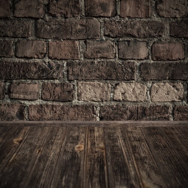 Foto perspectiva de fondo de madera y pared de ladrillo