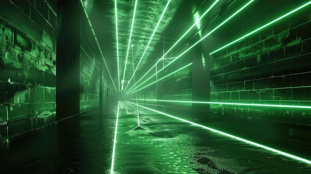 Perspectiva de fondo de túnel futurista de garaje de hormigón vacío oscuro con luz láser verde interior de una moderna sala subterránea Concepto de edificio de sala de pasillo