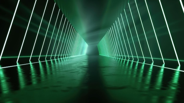 Perspectiva de fondo de túnel futurista de garaje oscuro con líneas de luz de neón verde interior de sala o almacén moderno abstracto Concepto de industria de salas de estudio
