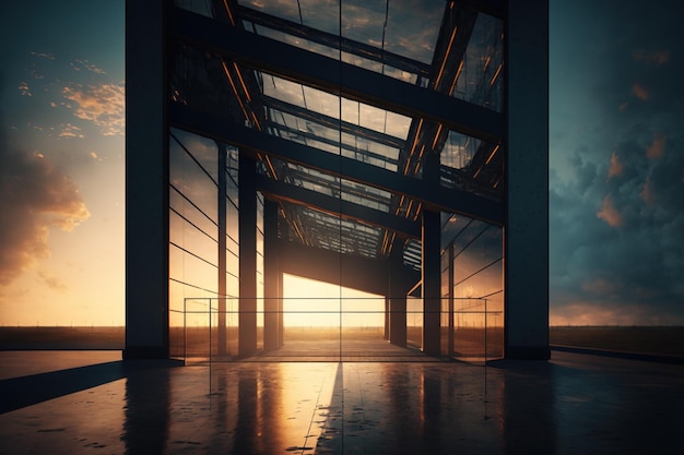 Una perspectiva horizontal de una estructura contemporánea de acero y vidrio.