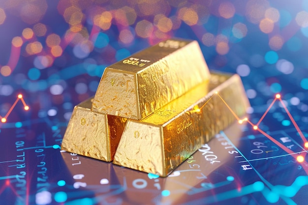 Perspectiva de las inversiones en oro Ilustración de barras de oro en un holograma de datos de existencias