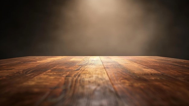Foto perspectiva luz mesa de madeira vazia de cima em fundo desfocado pode ser usado mo ia generativa