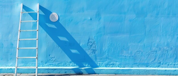 Foto perspectiva minimalista escalera blanca apoyada contra el objetivo en la pared azul