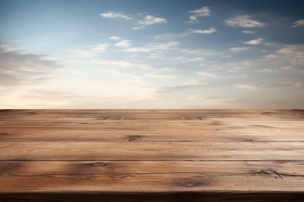 Perspectiva del paisaje de la mesa de madera vacía con aislado en el fondo lluvioso IA generativa