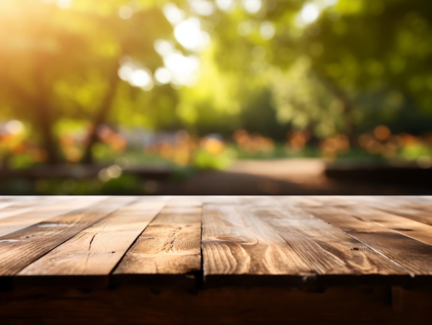 Perspectiva del piso de madera y bosque verde con un rayo de luz