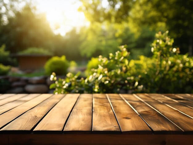 Perspectiva del piso de madera y bosque verde con un rayo de luz