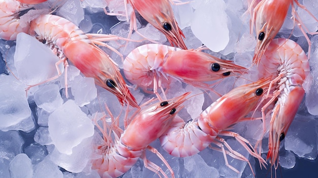 Una perspectiva plana de camarones sobre hielo.