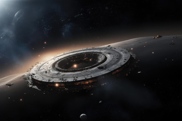 Perspectiva del satélite Exodo Galáctico sobre la nave espacial y el agujero negro