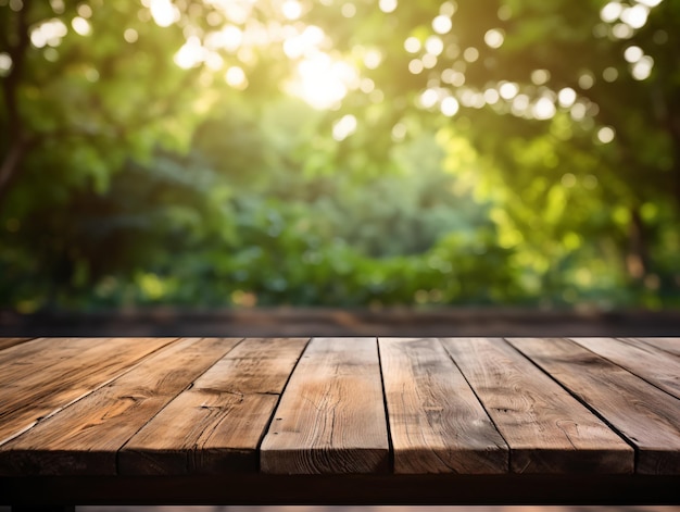 Perspectiva de suelo de madera y bosque verde con rayo de luz