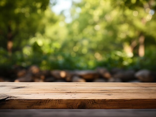 Perspectiva de suelo de madera y bosque verde con rayo de luz