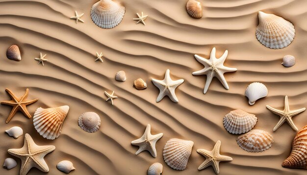 Foto perspectiva superior em uma superfície de areia do oceano com gravuras de conchas estranhas