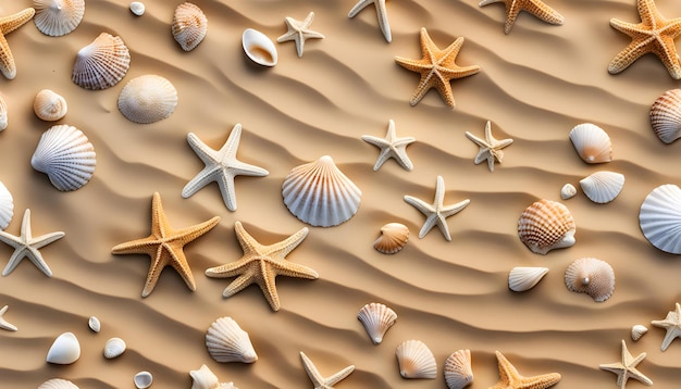 Perspectiva superior em uma superfície de areia do oceano com gravuras de conchas estranhas