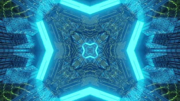 Perspectiva de túnel de ciencia ficción de fondo futurista colorido abstracto vibrante con reflejos de luz de neón brillantes y geométricos simétricos