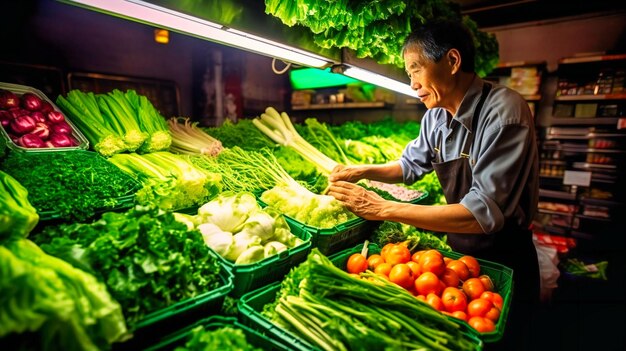 Una perspectiva única de un hombre que busca vegetales que enfatiza la abundancia de productos frescos.