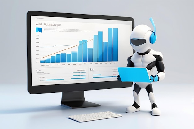 Perspectivas de datos Personaje de dibujos animados en 3D con tablero de análisis web
