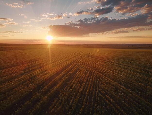 Perspectivas de la hora dorada Una cautivadora vista aérea de un campo al atardecer