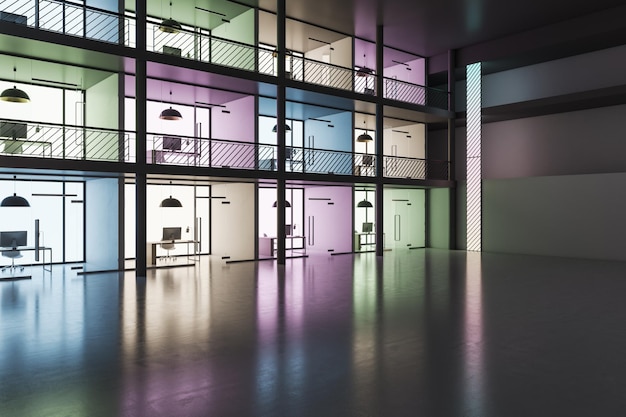 Perspektive auf mehrstöckige Büros mit komfortablen Arbeitsplätzen basierend auf drei Etagen mit unterschiedlichen Wandfarben, die durch Trennwände in einem großzügigen Bereich mit glänzendem Betonboden 3D-Rendering unterteilt sind